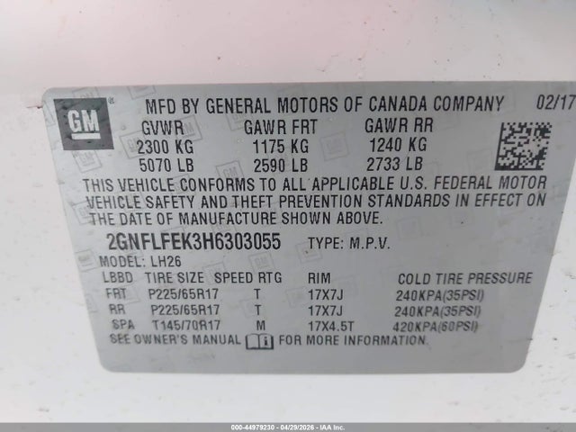 Продаж на аукціоні авто 2017 Chevrolet Equinox Lt, vin: 2GNFLFEK3H6303055, номер лоту: 44979230