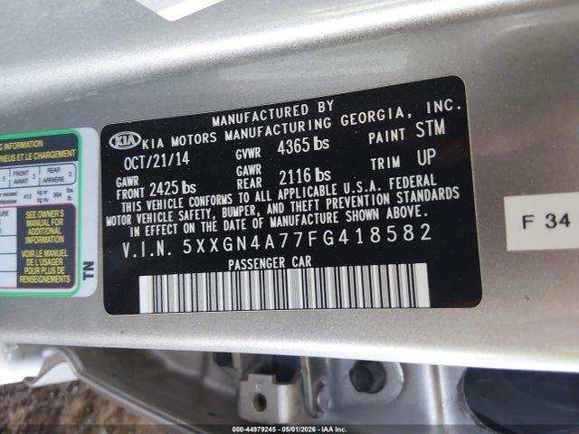 44979245 :رقم المزاد ، 5XXGN4A77FG418582 vin ، 2015 Kia Optima Ex مزاد بيع