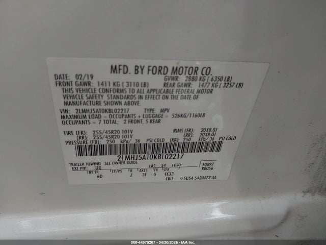 Продаж на аукціоні авто 2019 Lincoln Mkt Reserve, vin: 2LMHJ5AT0KBL02217, номер лоту: 44979267