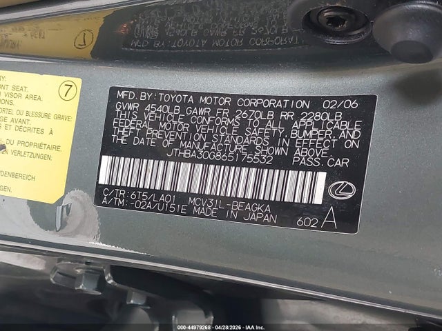 Продажа на аукционе авто 2006 Lexus Es 330, vin: JTHBA30G865175532, номер лота: 44979268