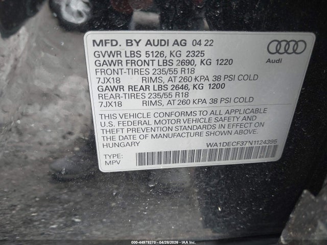 Aukcja sprzedaży 2022 Audi Q3 Premium 45 Tfsi S Line Quattro Tiptronic, vin: WA1DECF37N1124395, numer aukcji: 44979270