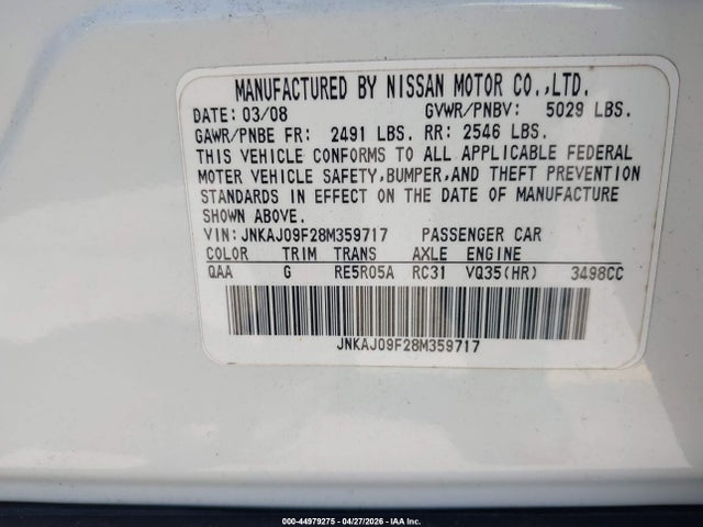 Aukcja sprzedaży 2008 Infiniti Ex35 Journey, vin: JNKAJ09F28M359717, numer aukcji: 44979275
