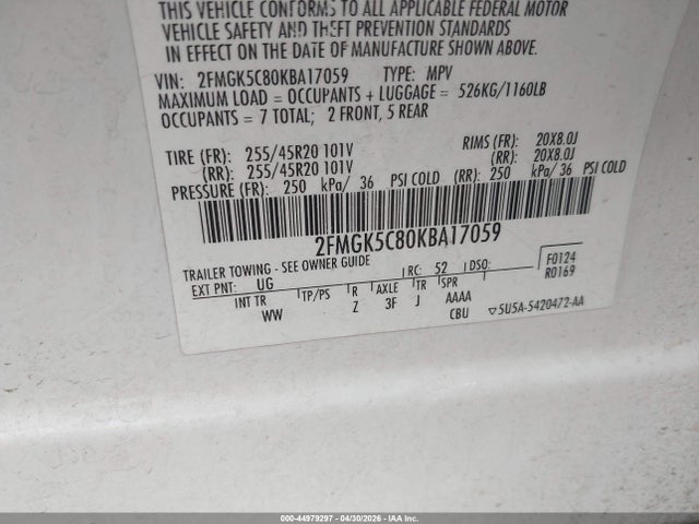 Aukcja sprzedaży 2019 Ford Flex Sel, vin: 2FMGK5C80KBA17059, numer aukcji: 44979297