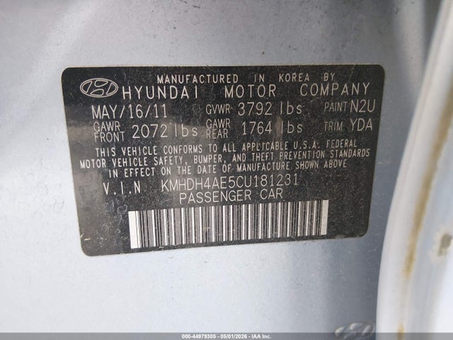 Aukcja sprzedaży 2012 Hyundai Elantra Gls (ulsan Plant), vin: KMHDH4AE5CU181231, numer aukcji: 44979305