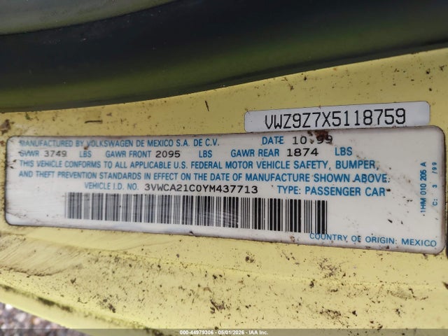 Продаж на аукціоні авто 2000 Volkswagen New Beetle Gls, vin: 3VWCA21C0YM437713, номер лоту: 44979306
