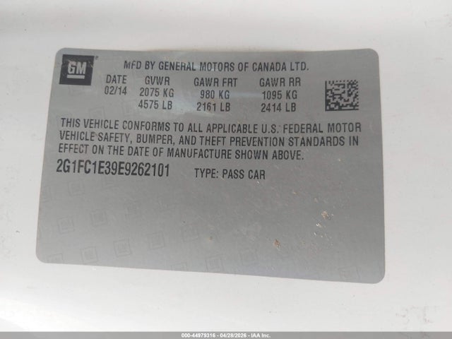 44979316 :رقم المزاد ، 2G1FC1E39E9262101 vin ، 2014 Chevrolet Camaro 2lt مزاد بيع