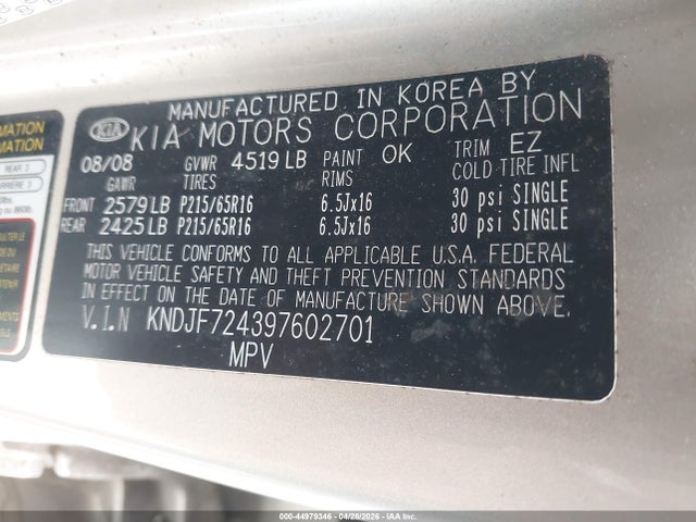 44979346 :رقم المزاد ، KNDJF724397602701 vin ، 2009 Kia Sportage Lx مزاد بيع