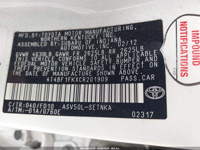 Продажа на аукционе авто 2012 Toyota Camry Le, vin: 4T4BF1FKXCR201909, номер лота: 44979349