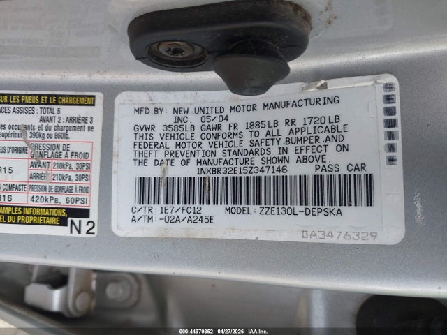 44979352 :رقم المزاد ، 1NXBR32E15Z347146 vin ، 2005 Toyota Corolla S مزاد بيع