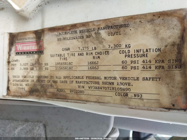 Продаж на аукціоні авто 2001 Volkswagen Eurovan, vin: WV3AB47071H105890, номер лоту: 44979356