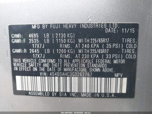 Subaru Outback 2.5i Premium 2016 4S4BSAHC3G3262767 Image 9