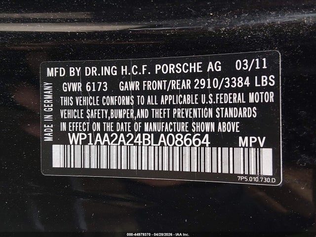 Auction sale of the 2011 Porsche Cayenne, vin: WP1AA2A24BLA08664, lot number: 44979370