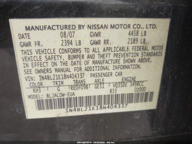 Продажа на аукционе авто 2008 Nissan Altima 3.5 Se, vin: 1N4BL21E18N404337, номер лота: 44979379