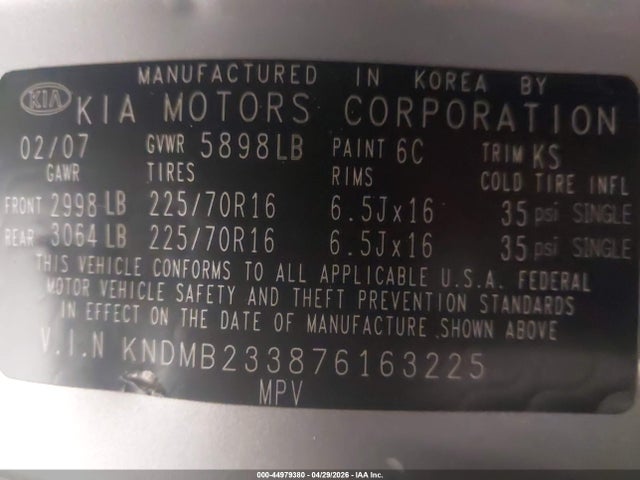 Aukcja sprzedaży 2007 Kia Sedona Lx, vin: KNDMB233876163225, numer aukcji: 44979380