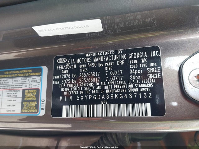 44979385 :رقم المزاد ، 5XYPGDA39KG437132 vin ، 2019 Kia Sorento 2.4l Lx مزاد بيع