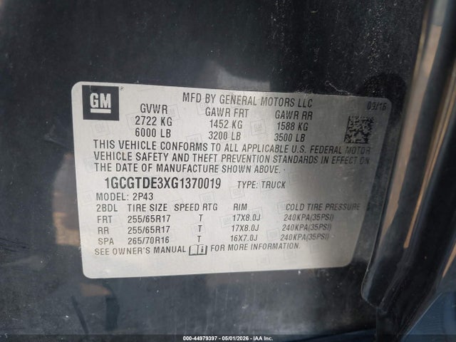 Aukcja sprzedaży 2016 Chevrolet Colorado Z71, vin: 1GCGTDE3XG1370019, numer aukcji: 44979397