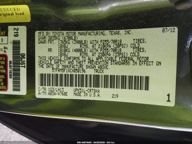 Aukcja sprzedaży 2012 Toyota Tundra Grade 4.6l V8, vin: 5TFRM5F1XCX050196, numer aukcji: 44979400