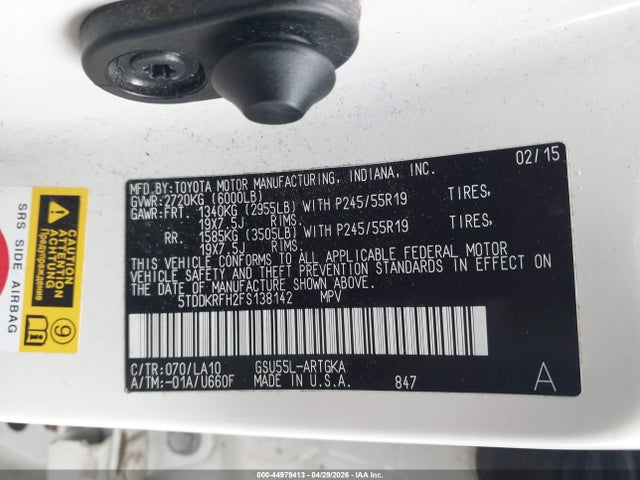 Aukcja sprzedaży 2015 Toyota Highlander Limited V6, vin: 5TDDKRFH2FS138142, numer aukcji: 44979413