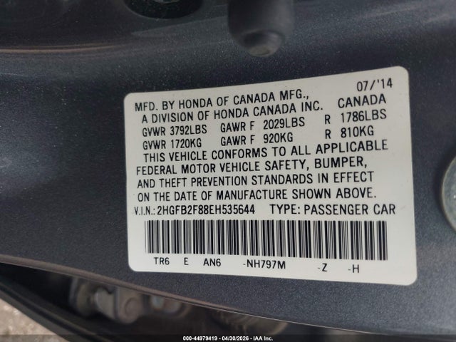 Продаж на аукціоні авто 2014 Honda Civic Ex, vin: 2HGFB2F88EH535644, номер лоту: 44979419