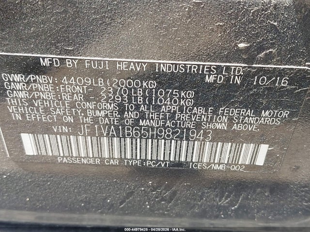 Aukcja sprzedaży 2017 Subaru Wrx, vin: JF1VA1B65H9821943, numer aukcji: 44979425