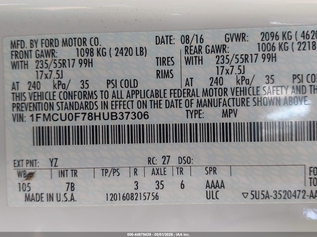 44979429 :رقم المزاد ، 1FMCU0F78HUB37306 vin ، 2017 Ford Escape S مزاد بيع