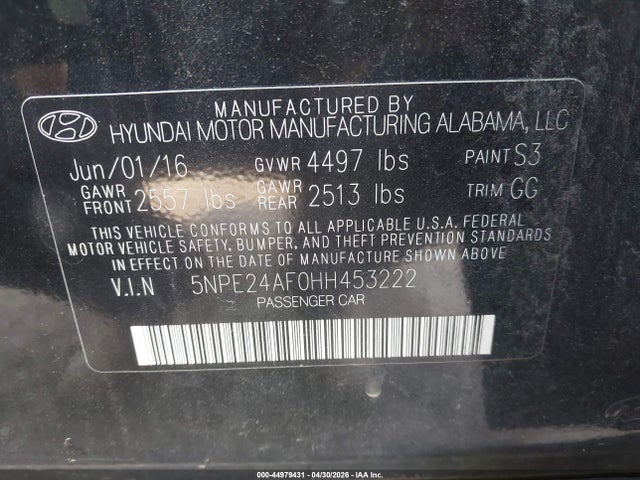 Aukcja sprzedaży 2017 Hyundai Sonata Se, vin: 5NPE24AF0HH453222, numer aukcji: 44979431