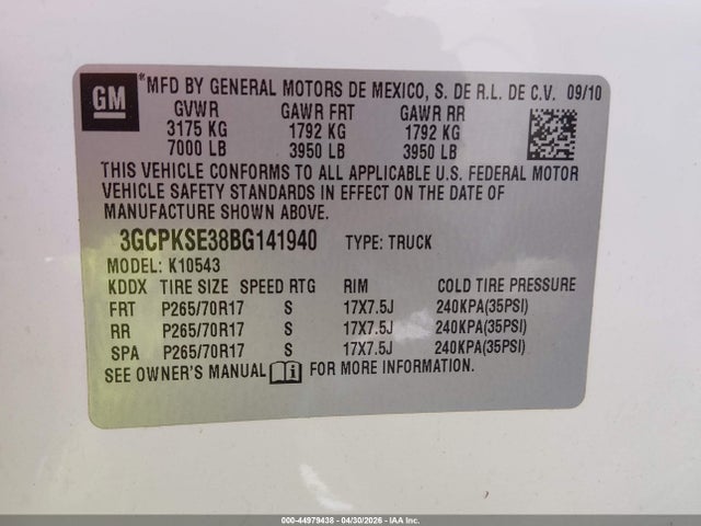 44979438 :رقم المزاد ، 3GCPKSE38BG141940 vin ، 2011 Chevrolet Silverado 1500 Lt مزاد بيع