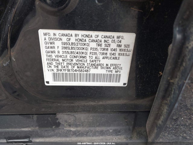 Продаж на аукціоні авто 2004 Honda Pilot Ex-l, vin: 2HKYF18704H582487, номер лоту: 44979441