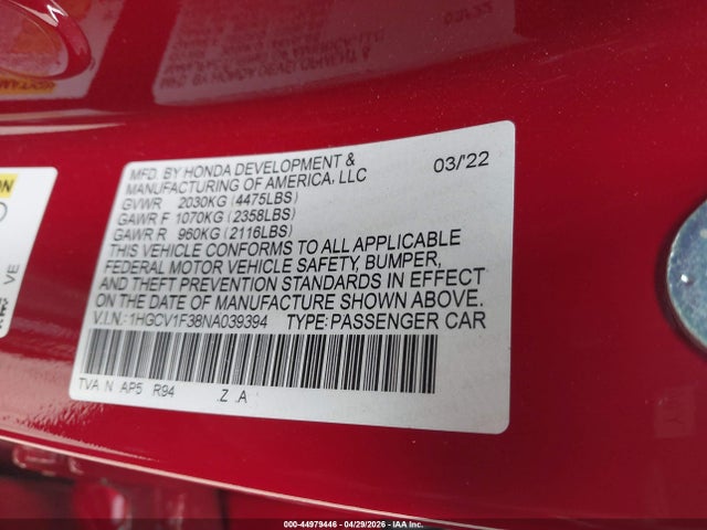 1HGCV1F38NA039394 Honda Accord Sport