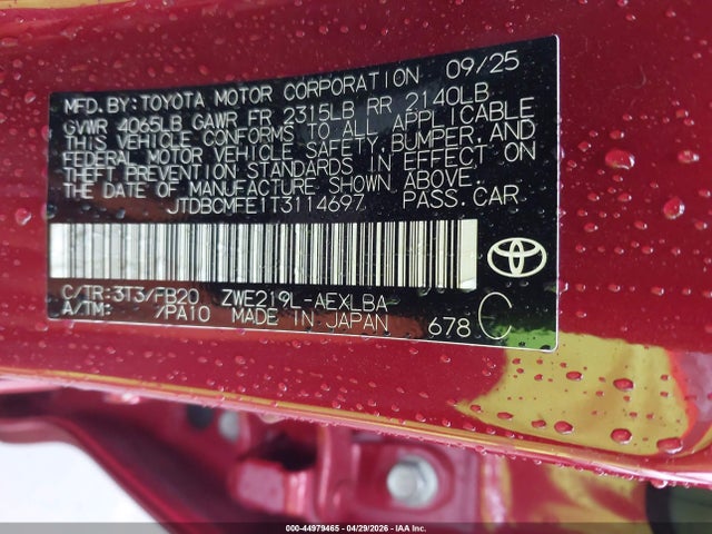 2026 Toyota Corolla Hybrid Hybrid Le მანქანა იყიდება აუქციონზე, vin: JTDBCMFE1T3114697, აუქციონის ნომერი: 44979465