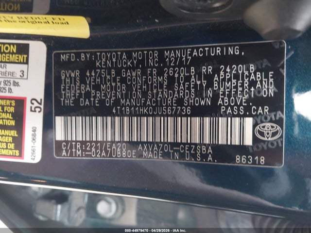 Aukcja sprzedaży 2018 Toyota Camry Se, vin: 4T1B11HK0JU567736, numer aukcji: 44979470