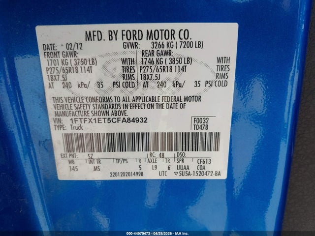 2012 Ford F-150 Xlt მანქანა იყიდება აუქციონზე, vin: 1FTFX1ET5CFA84932, აუქციონის ნომერი: 44979473