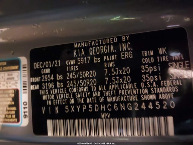 Продаж на аукціоні авто 2022 Kia Telluride Sx, vin: 5XYP5DHC6NG244520, номер лоту: 44979490