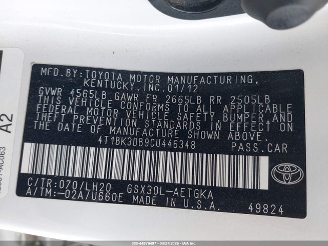 Aukcja sprzedaży 2012 Toyota Avalon, vin: 4T1BK3DB9CU446348, numer aukcji: 44979497