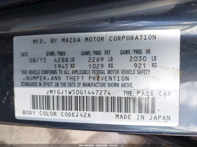 2016 Mazda Mazda6 I Grand Touring მანქანა იყიდება აუქციონზე, vin: JM1GJ1W50G1447274, აუქციონის ნომერი: 44979498