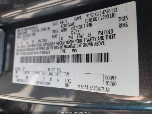 Продаж на аукціоні авто 2017 Ford Escape Se, vin: 1FMCU9GD1HUA10437, номер лоту: 44979501