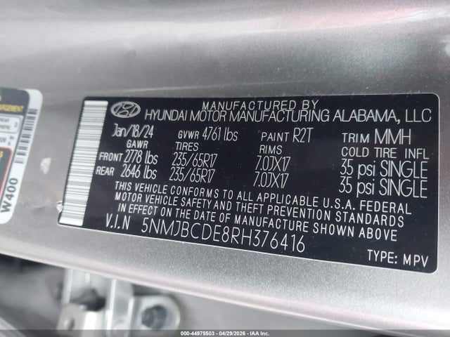 Aukcja sprzedaży 2024 Hyundai Tucson Sel, vin: 5NMJBCDE8RH376416, numer aukcji: 44979503