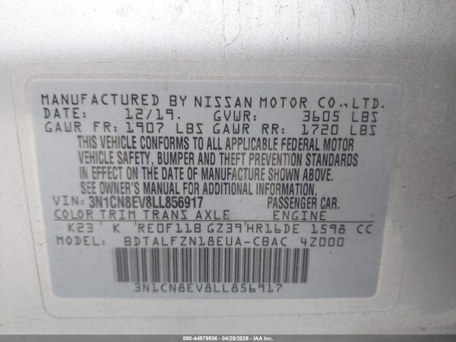 Aukcja sprzedaży 2020 Nissan Versa Sv Xtronic Cvt, vin: 3N1CN8EV8LL856917, numer aukcji: 44979506