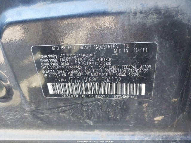 44979511 :رقم المزاد ، JF1GJAC68CH004102 vin ، 2012 Subaru Impreza 2.0i Premium مزاد بيع