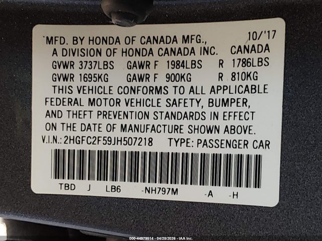 2HGFC2F59JH507218 Honda Civic Lx