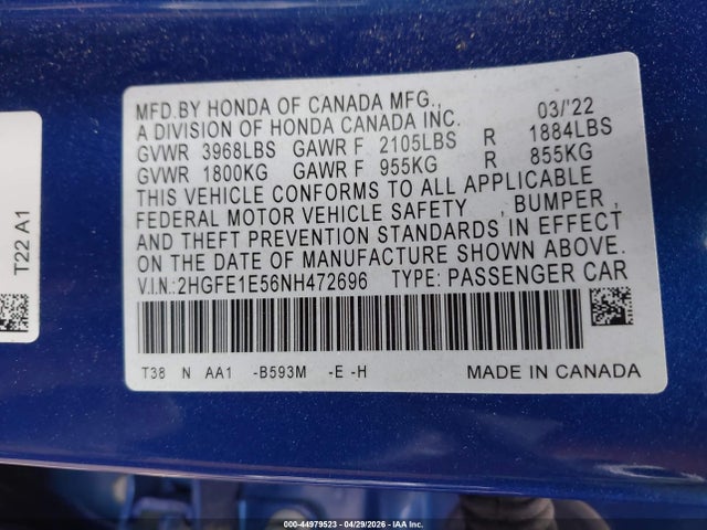 2022 Honda Civic Si Sedan მანქანა იყიდება აუქციონზე, vin: 2HGFE1E56NH472696, აუქციონის ნომერი: 44979523