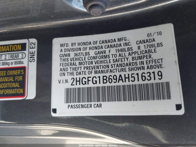 2010 Honda Civic Lx მანქანა იყიდება აუქციონზე, vin: 2HGFG1B69AH516319, აუქციონის ნომერი: 44979525