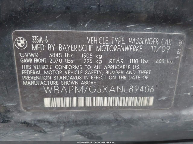 2010 Bmw 335i მანქანა იყიდება აუქციონზე, vin: WBAPM7G5XANL89406, აუქციონის ნომერი: 44979526