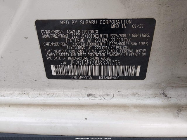 Aukcja sprzedaży 2021 Subaru Crosstrek Premium, vin: JF2GTAEC9M8320795, numer aukcji: 44979534