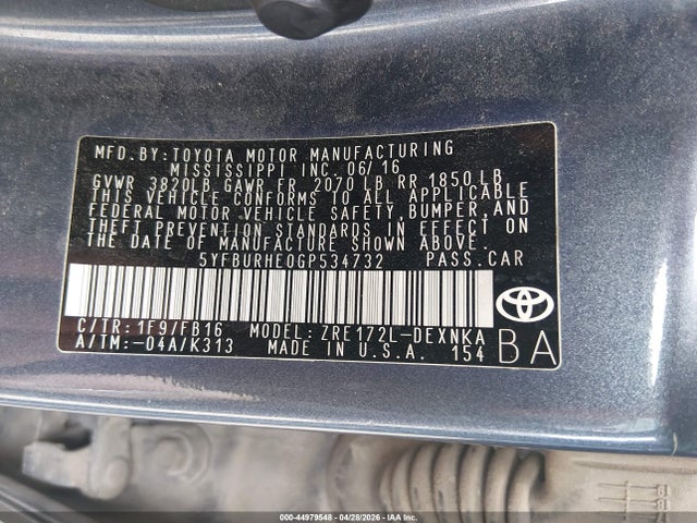 Toyota COROLLA LE 2016 5YFBURHE0GP534732 Image 9