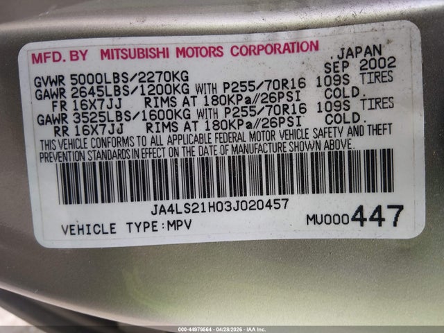 Продаж на аукціоні авто 2003 Mitsubishi Montero Sport Es/ls, vin: JA4LS21H03J020457, номер лоту: 44979564