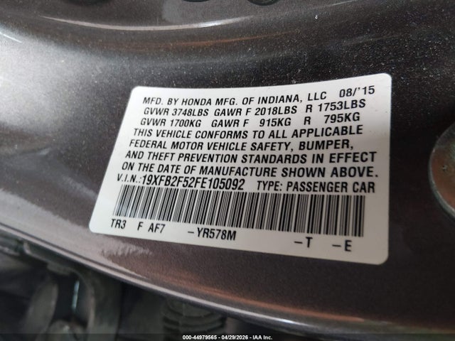 Aukcja sprzedaży 2015 Honda Civic Lx, vin: 19XFB2F52FE105092, numer aukcji: 44979565