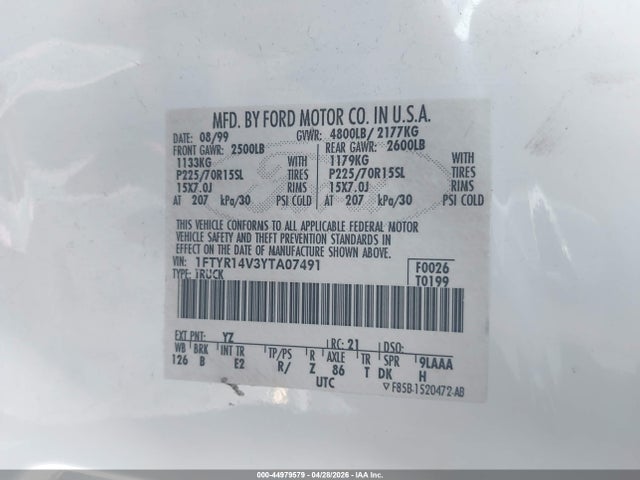 Продаж на аукціоні авто 2000 Ford Ranger Xl/xlt, vin: 1FTYR14V3YTA07491, номер лоту: 44979579