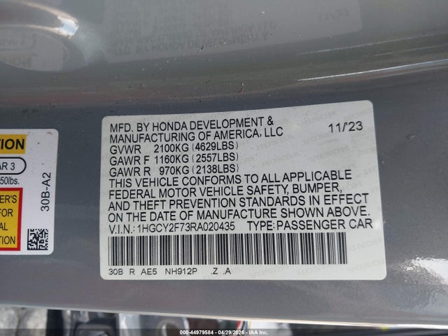 Aukcja sprzedaży 2024 Honda Accord Hybrid Sport-l, vin: 1HGCY2F73RA020435, numer aukcji: 44979584