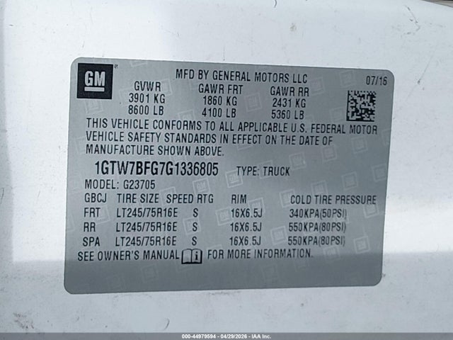 Продаж на аукціоні авто 2016 Gmc Savana 2500 Work Van, vin: 1GTW7BFG7G1336805, номер лоту: 44979594